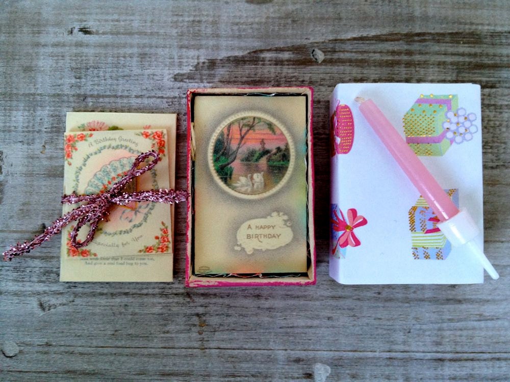 Altered vintage matchbox with a birthday party inside