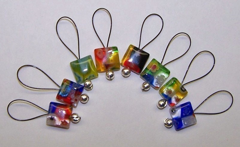 Multicolored Millefiori Snag Free Knitting Stitch Markers Set of 8 Medium Loop