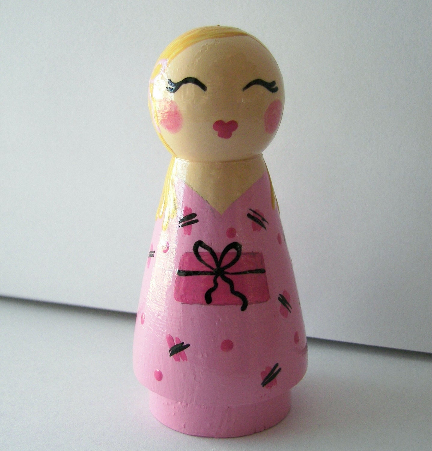 Kokeshi Doll Hand Painted Wood Yellow Kimono by Love Boxes