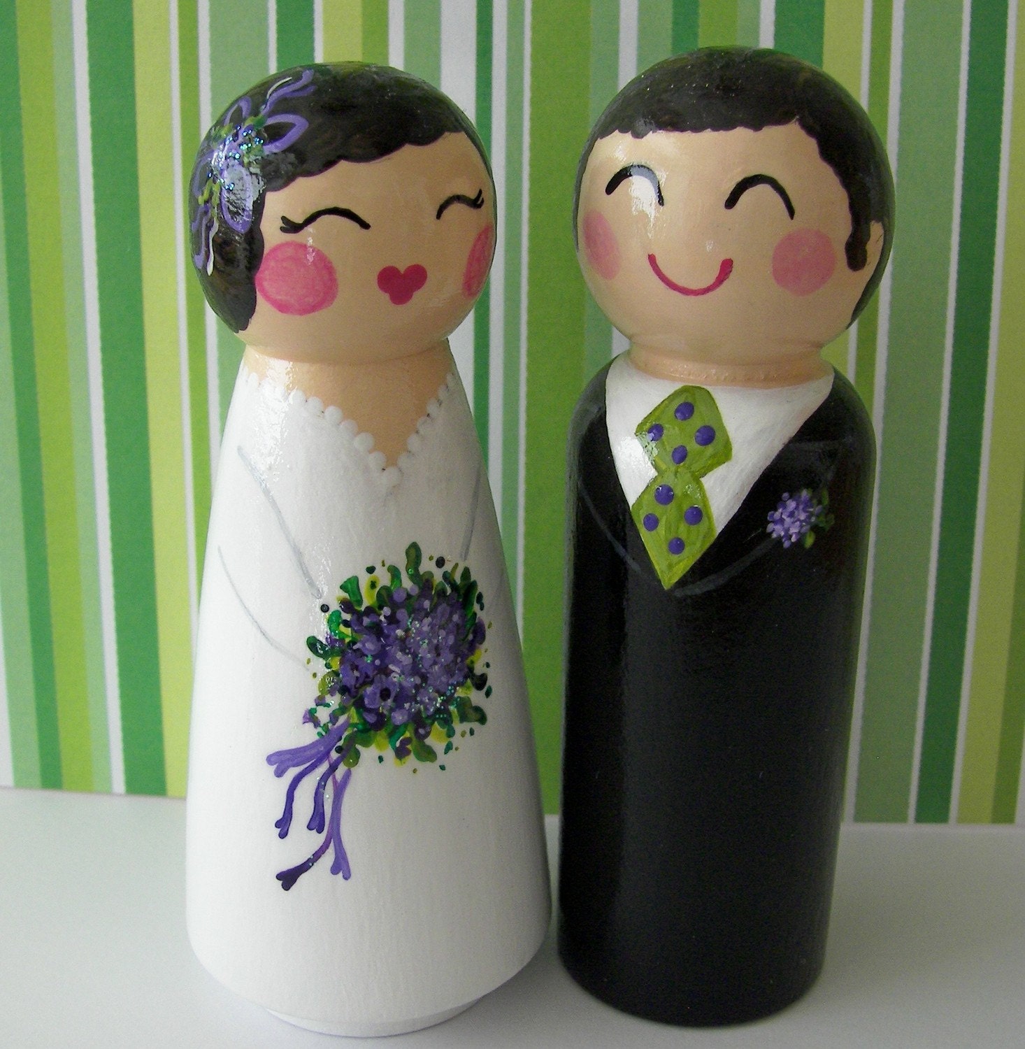 Hand Painted Love Boxes Wedding Bride Groom Lilac Peg Doll Cake Topper Wood