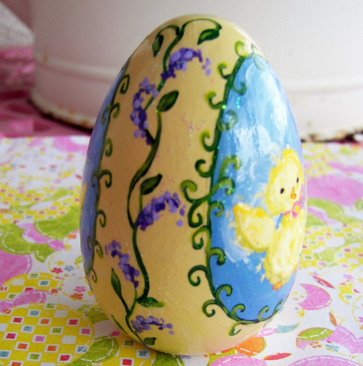 Hand Painted Love Boxes Easter Egg Ornament yellow wood