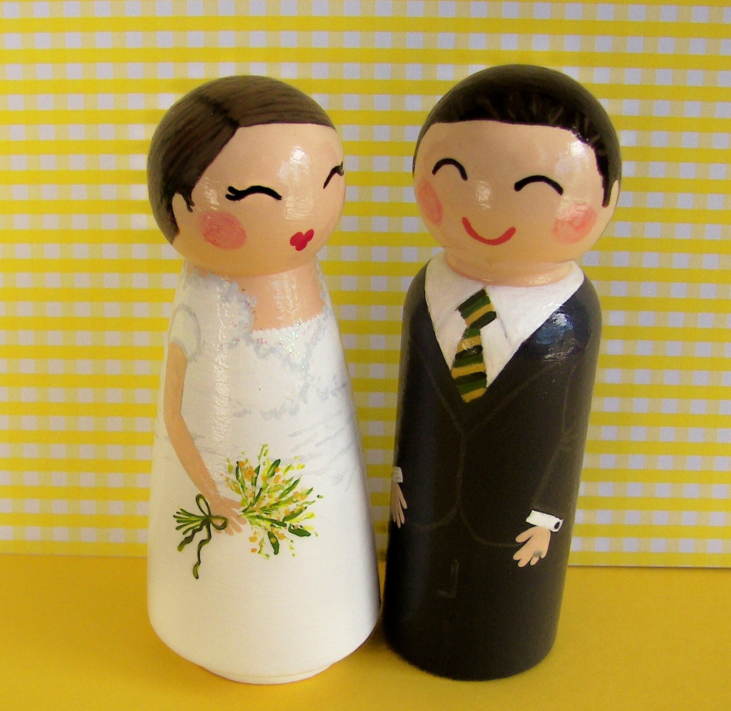 Hand Painted Love Boxes Custom Wedding Bride Groom Cake Topper Kokeshi Peg Dolls Wood