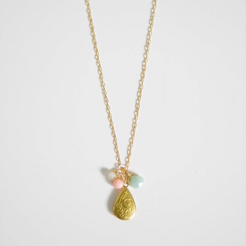 callie locket necklace . pink coral amazonite blue .