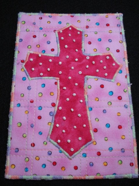 Polka Dot Cross-Quilted Fabric Art Postcard/Mini-Quilt-OOAK