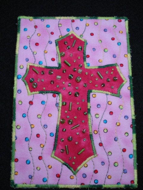 Interesting Green Beaded Cross-Quilted Fabric Art Postcard/Mini-Quilt-OOAK