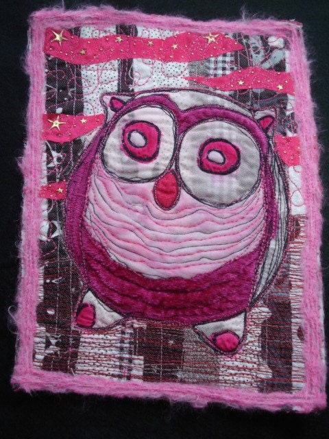 Cutie Hootie -Pink Owl Fabric Fiber Art- Art Quilt-Wall Hanging-OOAK