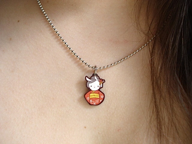 Kimono Moon Bun Necklace - Acrylic Bunny Rabbit Charm