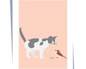 greeting cards gray and white cat with little bird