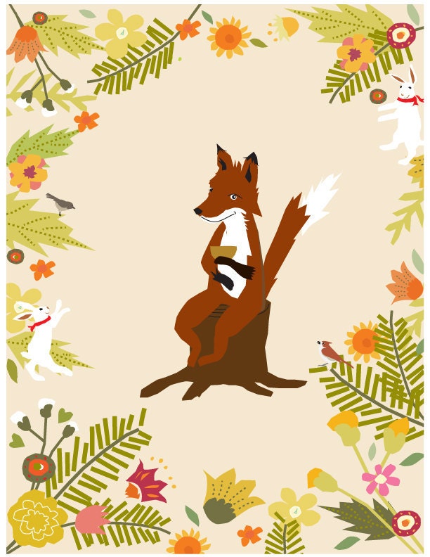 8 x 10 print sweet fox with tea cup in woods in white 11 x 14 inch mat
