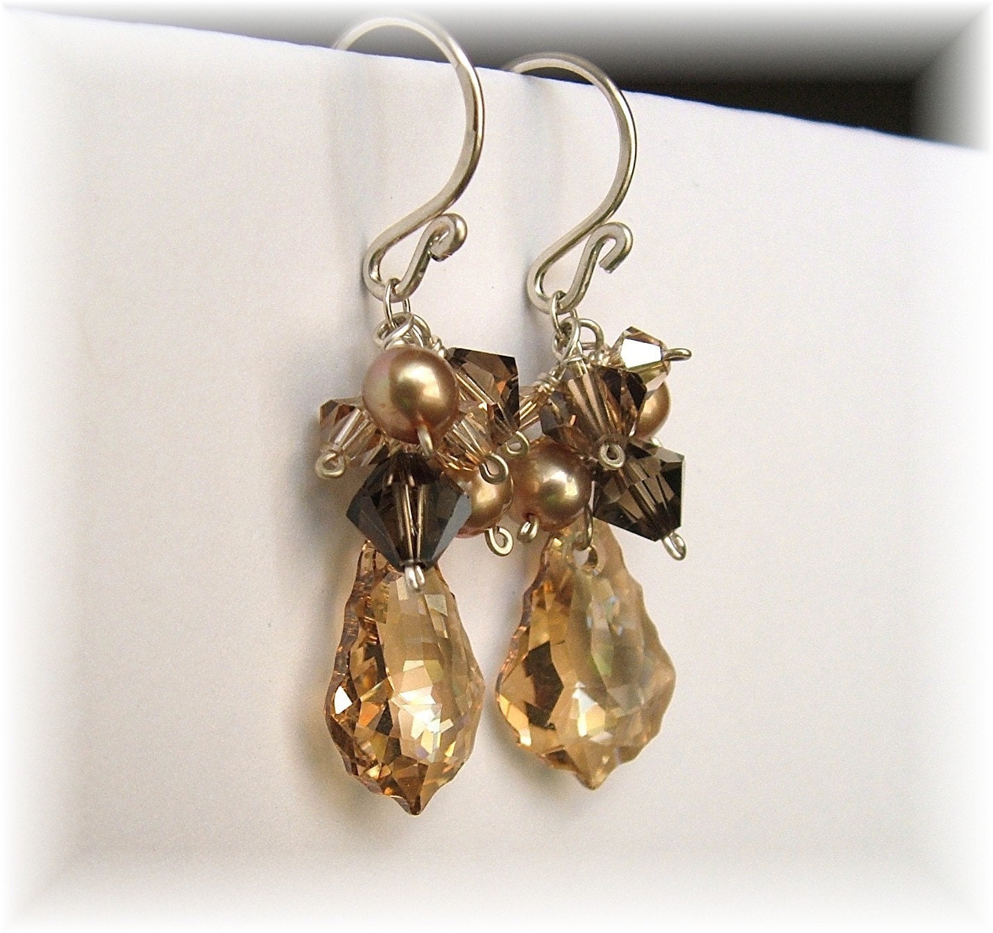 Bridesmaid Earrings - Dark Brown Espresso to Golden Champagne Mix - Briolette Earrings, Choice of 14K gold filled or sterling silver