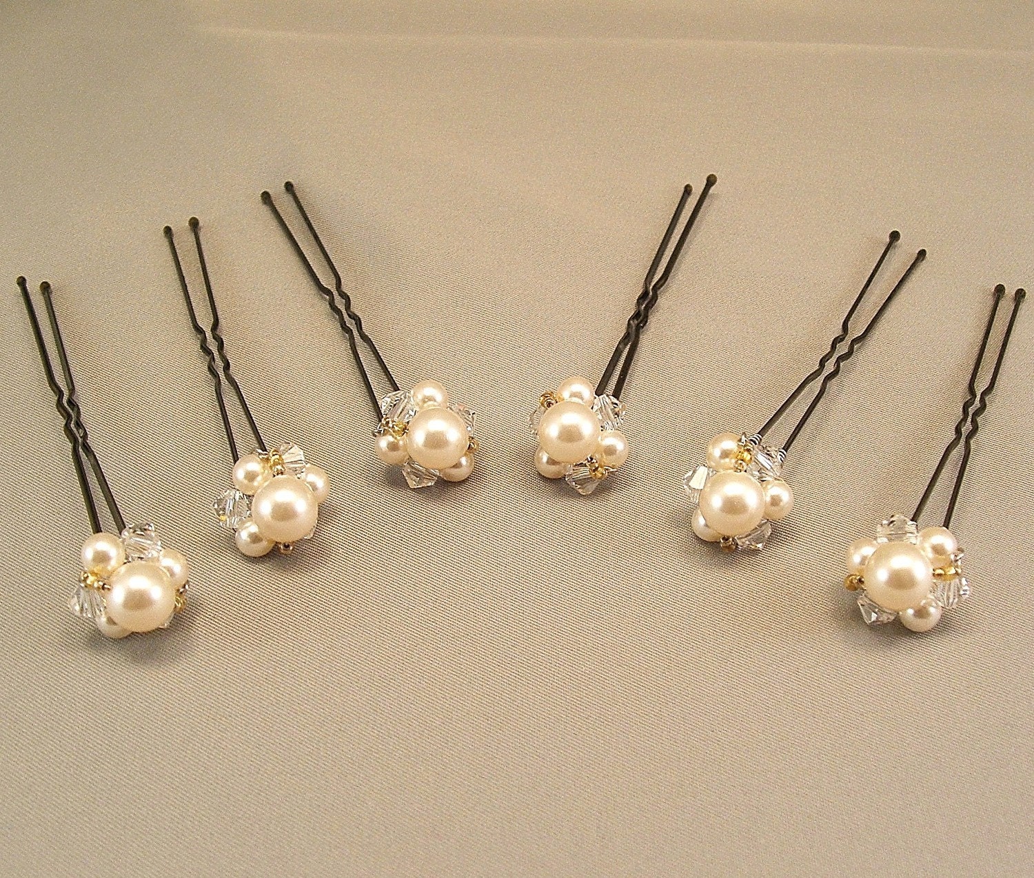 Gold Trim Beaded Wedding Hair Accessories, Gold Blend Hairpins, Pearls and Crystal Jeweled Buttons