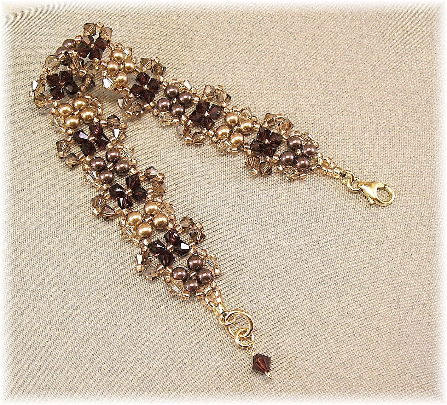 Rich Burgundy and Golden Bronze Blend Cuff Bracelet, Swarovski Pearls and Crystals, Bridesmaid Jewelry, 14K Gold Filled