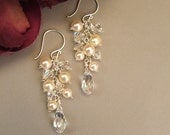 Ivory Wedding Gown Earrings, Cream Pearls and Clear Crystal Earrings, Cascade Earrings,  Available in 14k gold filled or sterling