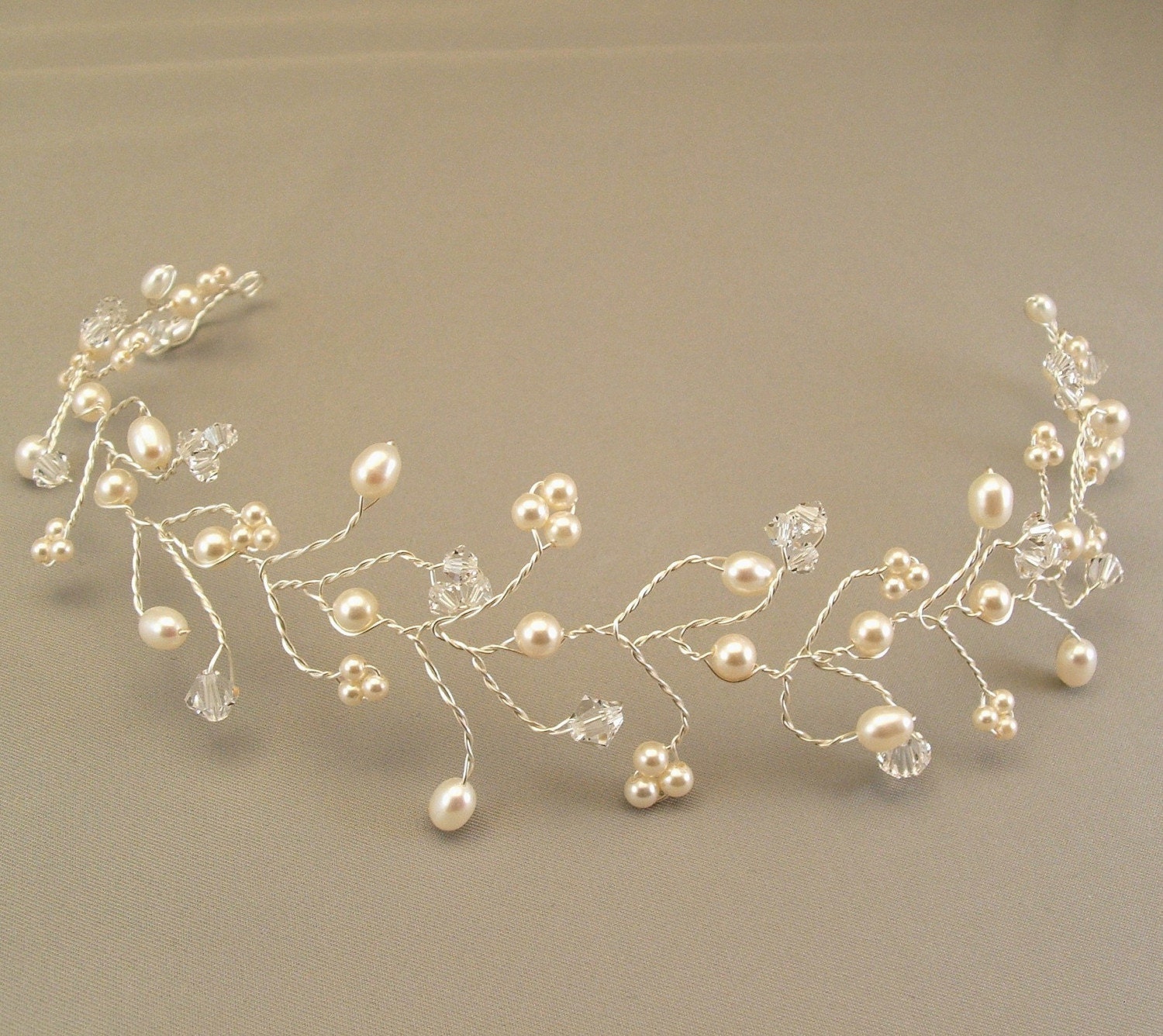 Ivory Wedding Gown Tiara, Hair Vine Tiaras, Ivory Pearl Headpiece, Ivory Weddings, Ivory Creme Pearls and Swarovski Crystal