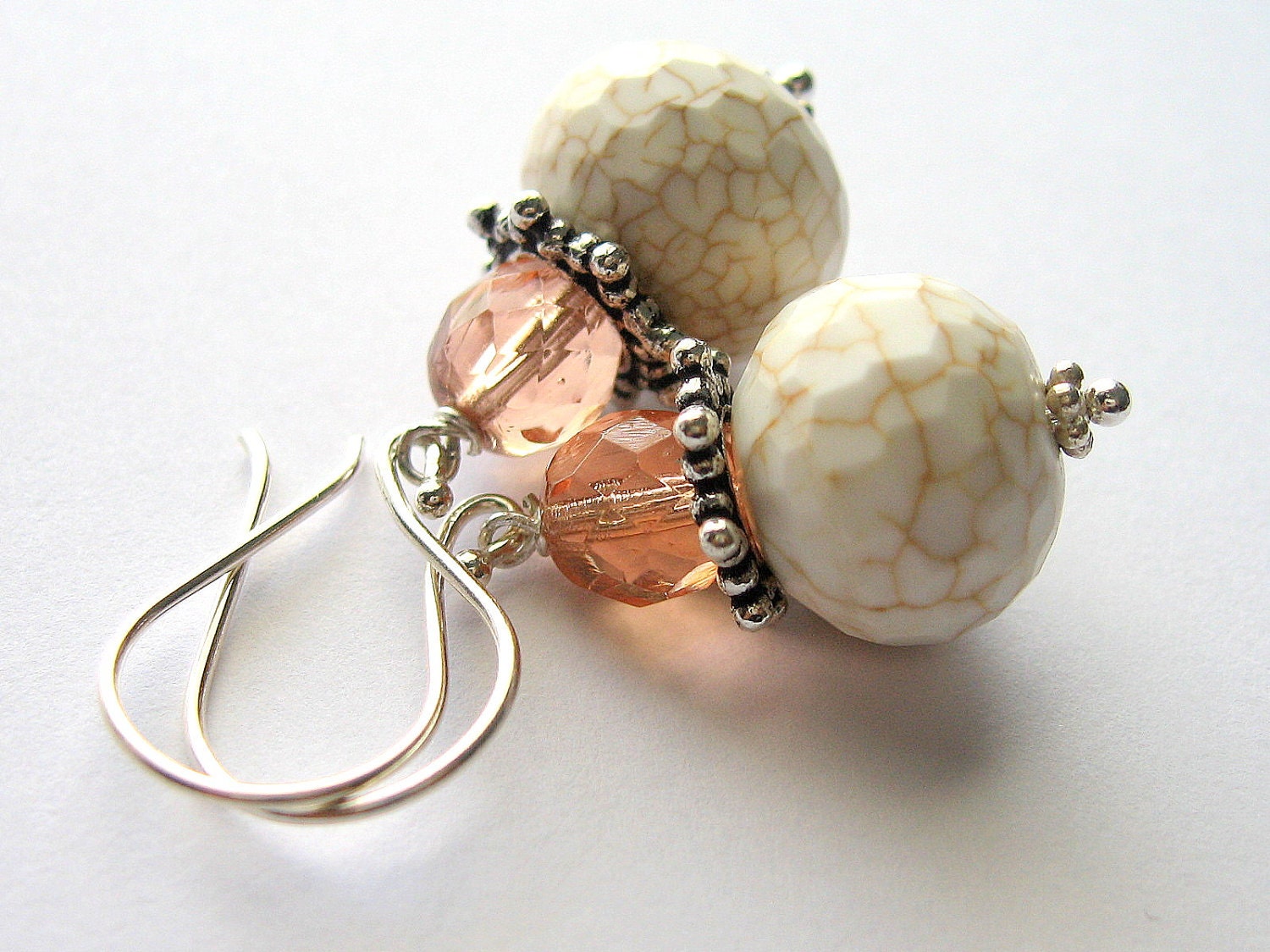 Peach Gemstone Dangle Earrings, Sterling Silver and White Howlite