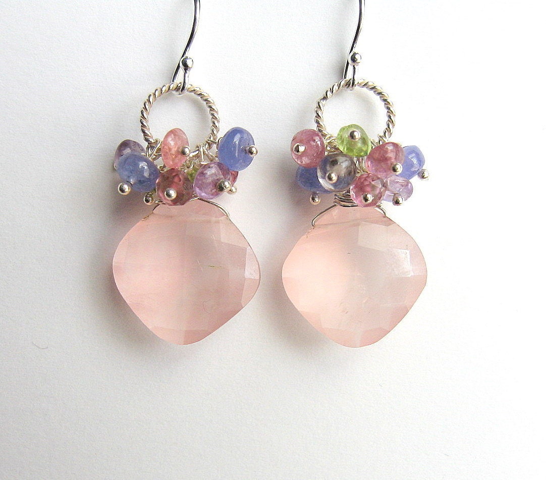 Pink Gemstone Cluster Earrings, Rose Quartz, Sapphire, Sterling Silver