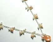 Pearl Cluster Necklace - Peach White Moonstone Teardrop - Sterling Silver Chain