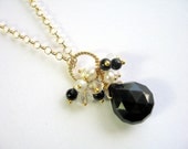 Onyx Teardrop Necklace - Gemstone - Black and Gold Vermeil - Cluster Pendant