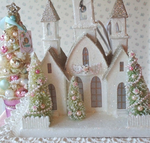 RESERVED for TONYA - LIGHTED Shabby Christmas Cathedral - Vintage Style with Bottle Brush Trees