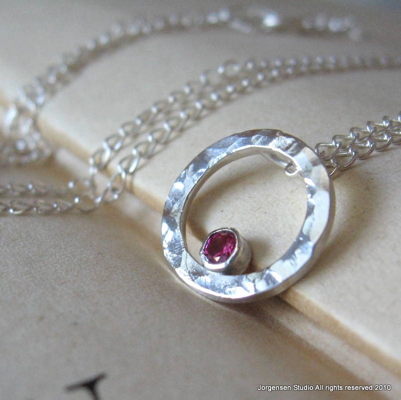 Sterling Silver Hammered Circle Pendant with Ruby