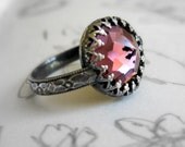 Sterling Silver Ring Gothic Crown Bezel Aubergine Vintage Swarovski Crystal