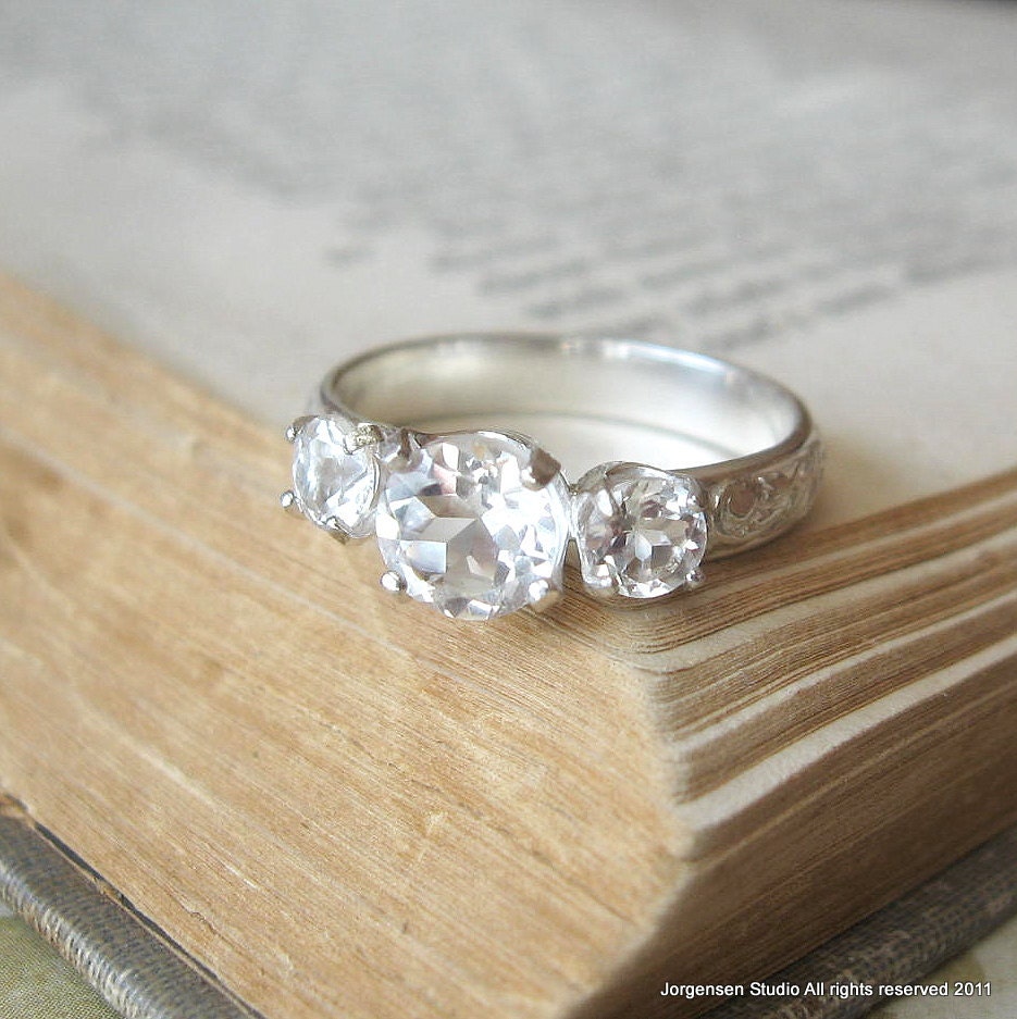 Three Stone White Topaz Engagement Ring Promise Ring Sterling Silver