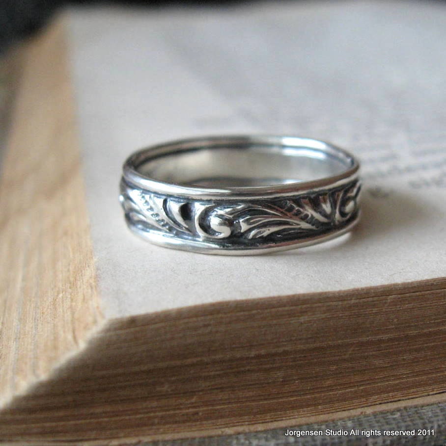 Swirl Wedding Band Ring Sterling Silver Wide Oxidized Sterling Silver
