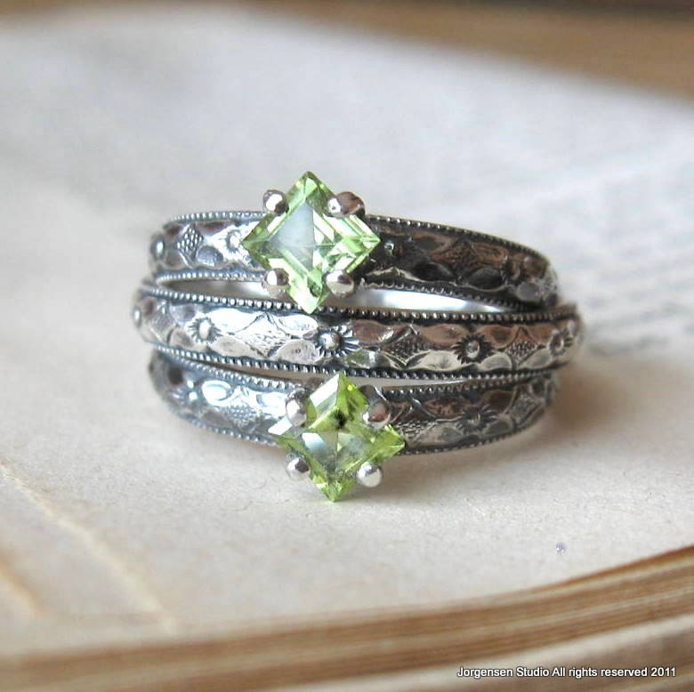 Square Princess Cut Peridot Engagement Promise Stacking Ring