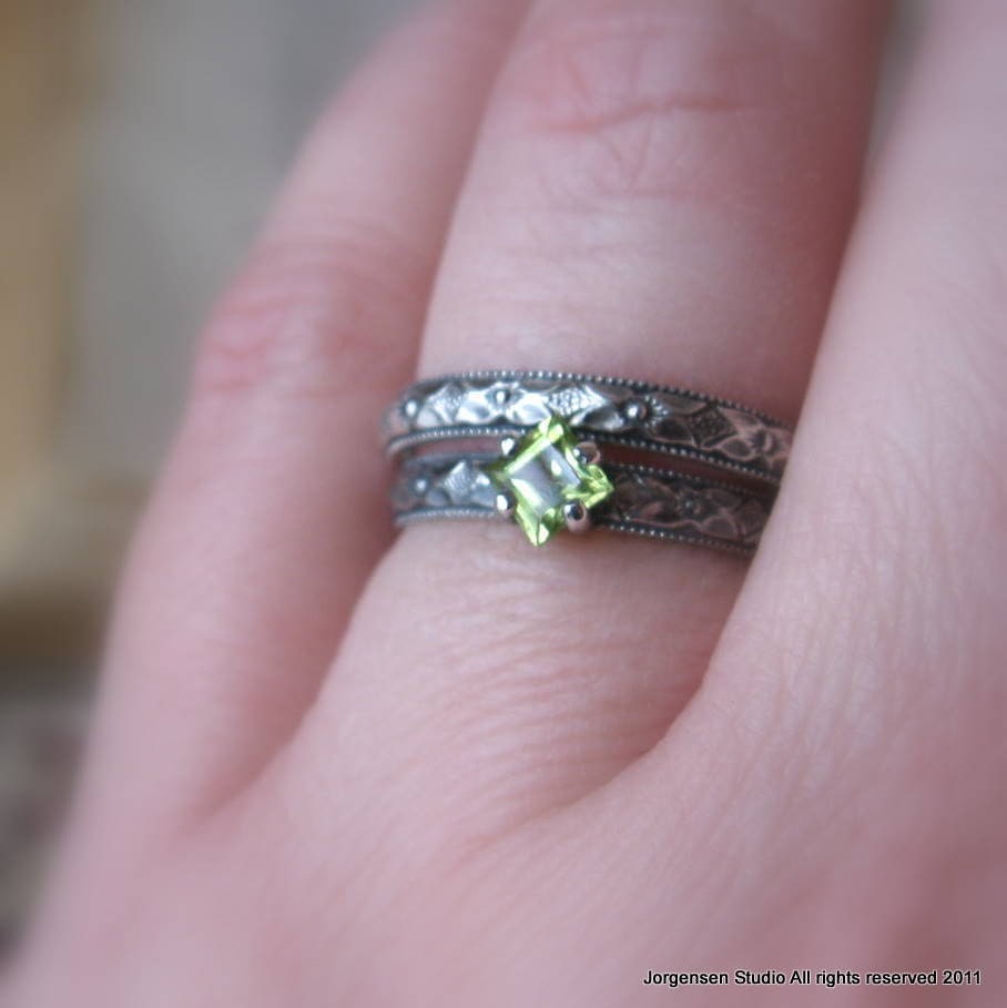 Square Princess Cut Peridot Engagement Promise Stacking Ring
