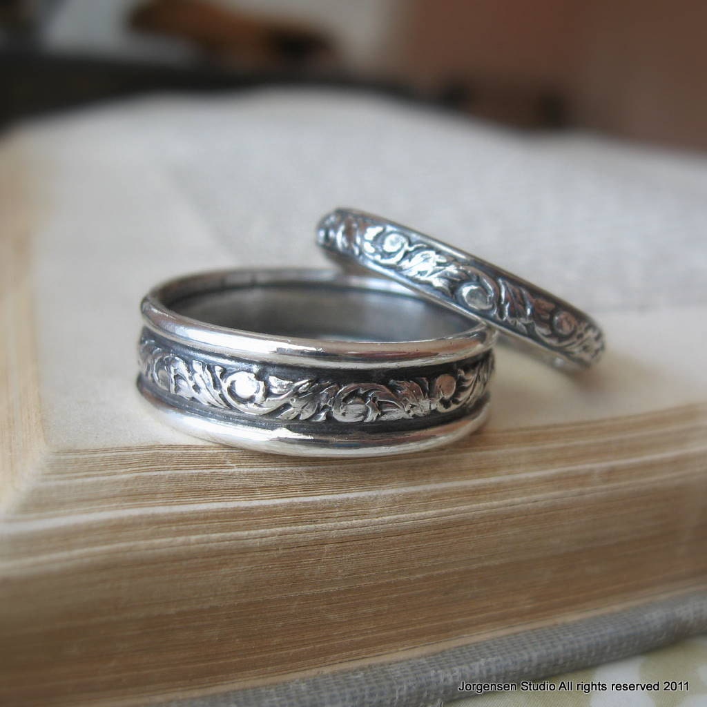 Scroll Wedding Band Set Sterling silver Wedding Rings