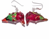 Bird earrings Lampwork Glass Bead, handmade artisan glass, Red and Green, Christmas SRA art glass tt team, Cgge, leteam