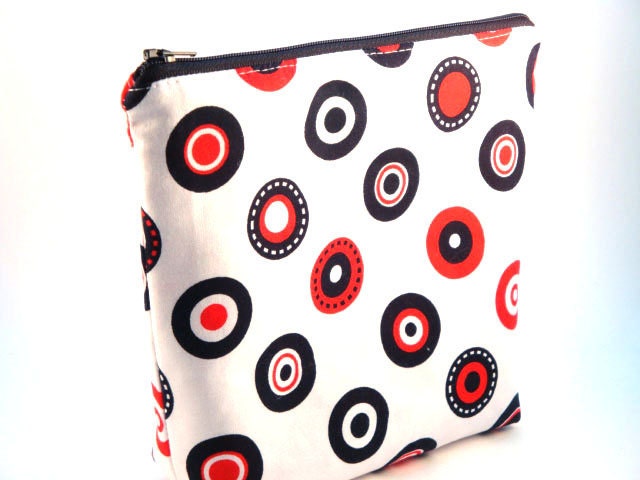 Large Flat Bottomed Zippered Pouch- Black and Red Polka Dots