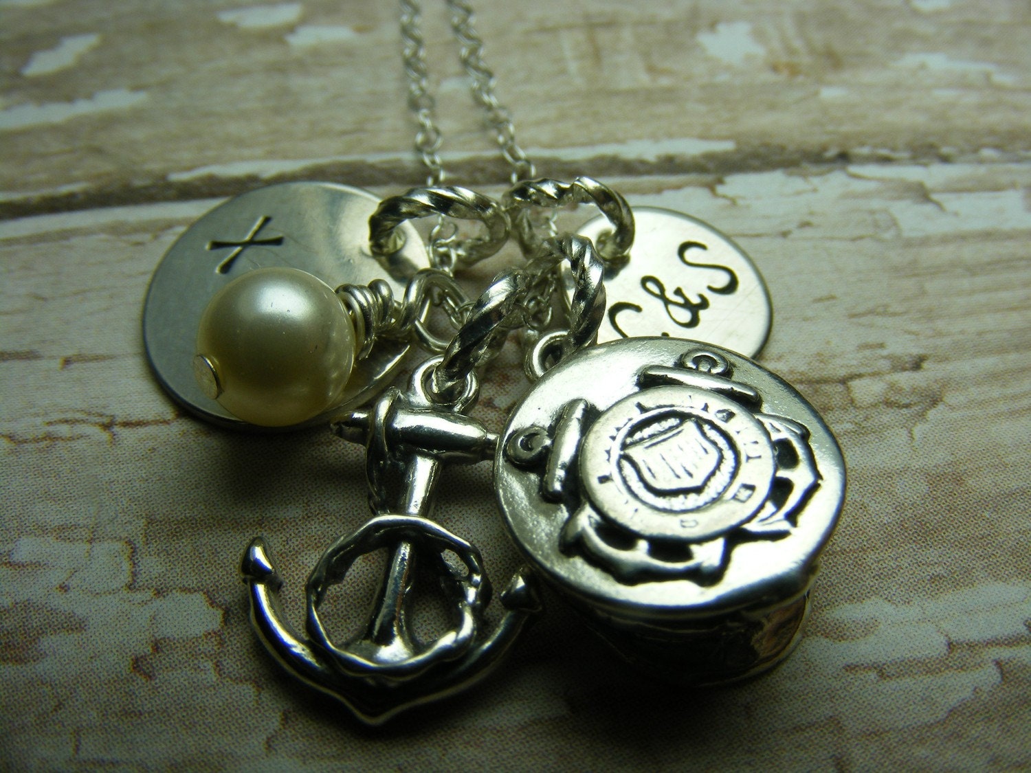 Coast Guard navy sterling silver handstamped necklace with anchor and hat