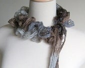 Coffee Shop - Ruffle Wave Scarf - Shades of Brown and Gray with A Touch of Silver