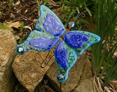 Kirks Glass Art Fused Glass Blue Dichroic Butterfly Garden Stake