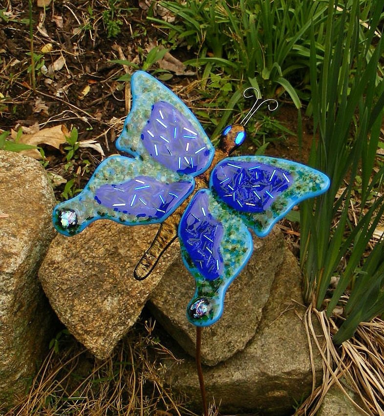 Kirks Glass Art Fused Glass Blue Dichroic Butterfly Garden Stake
