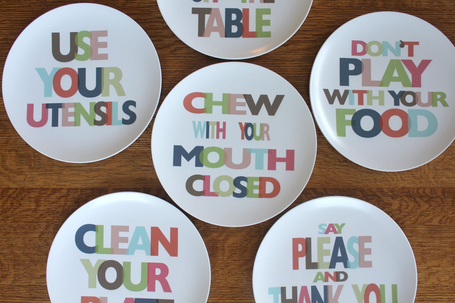 MIND YOUR MANNERS set of 6 Melamine Plates
