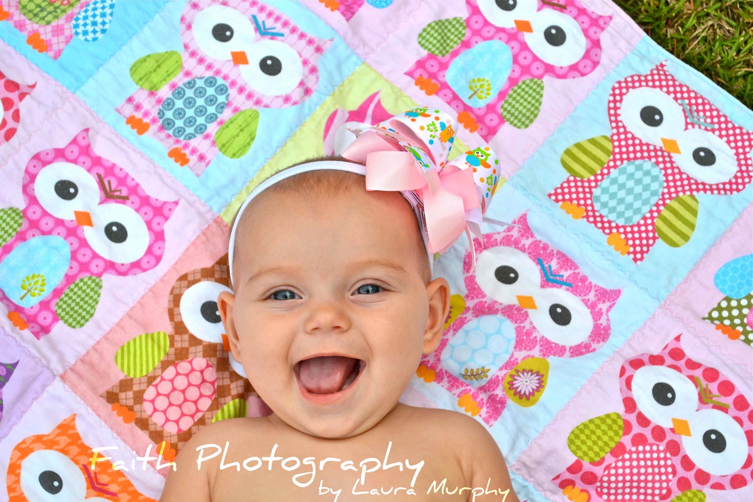 Pink Hoot Hoot Owl QUILT by PETUNIAS - baby blanket pink purple green brown vintage modern photo prop newborn shower gift