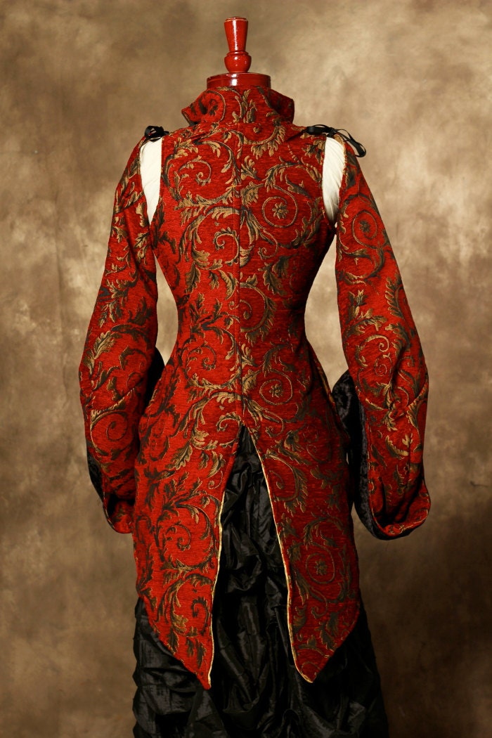 Waist 35-37 Red with Gold Vine Corseted Pirate Coat