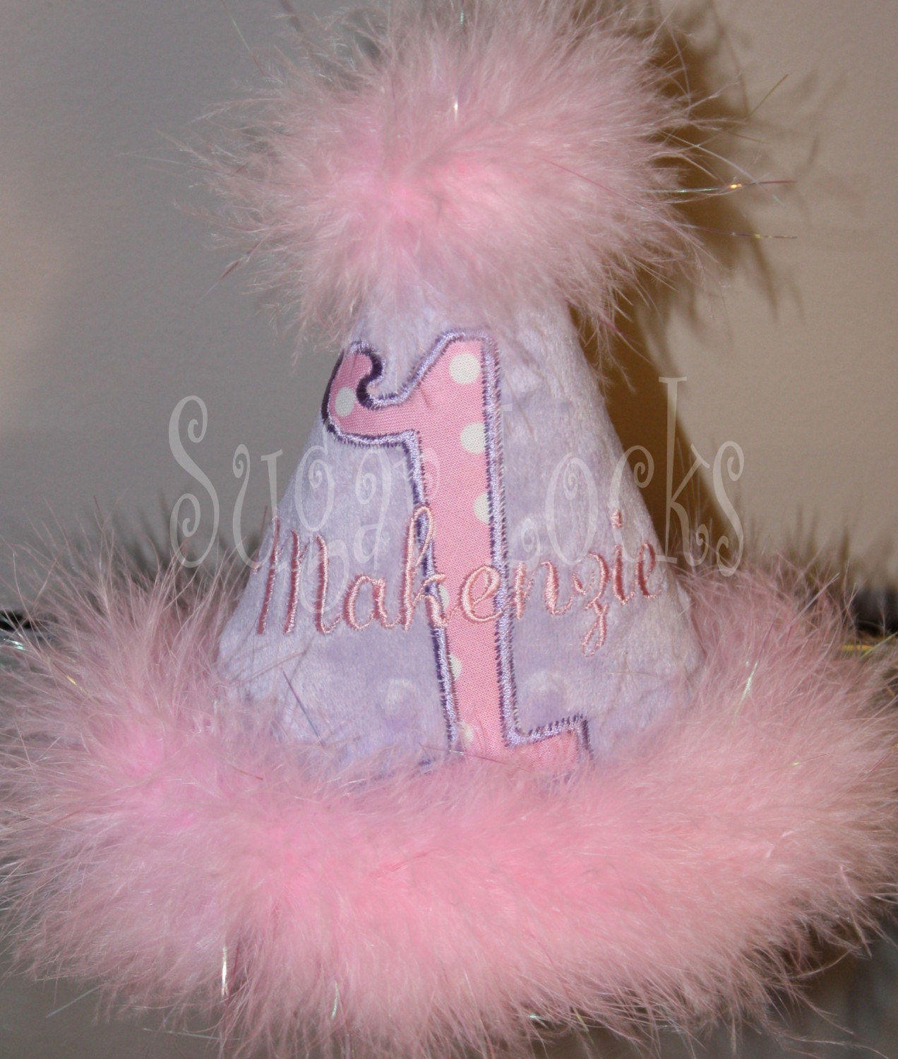 Custom Boutique Birthday Personalized Birthday Marabou Hat Pink and Lilac