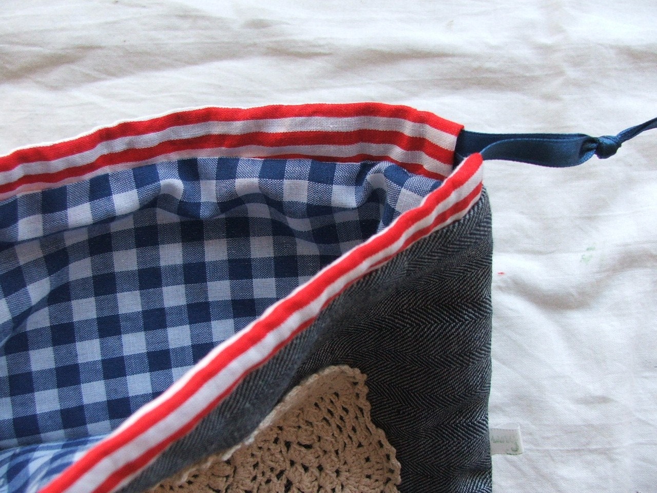 crochet and linen- drawstring case