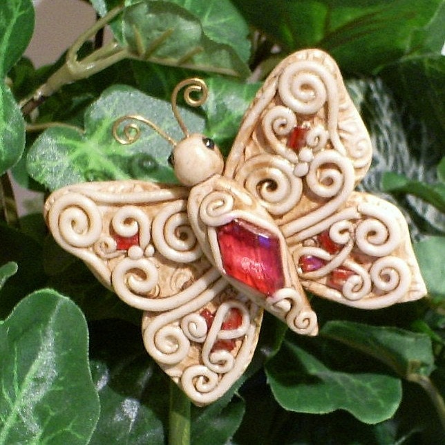 Decorative Butterfly Plant Stake Antiqued Scrolled design with Pink Center Stone and ivory scrolled background