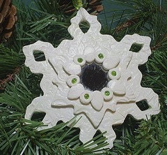 Mirrored Snowflake Ornament with bright green bead twinkles