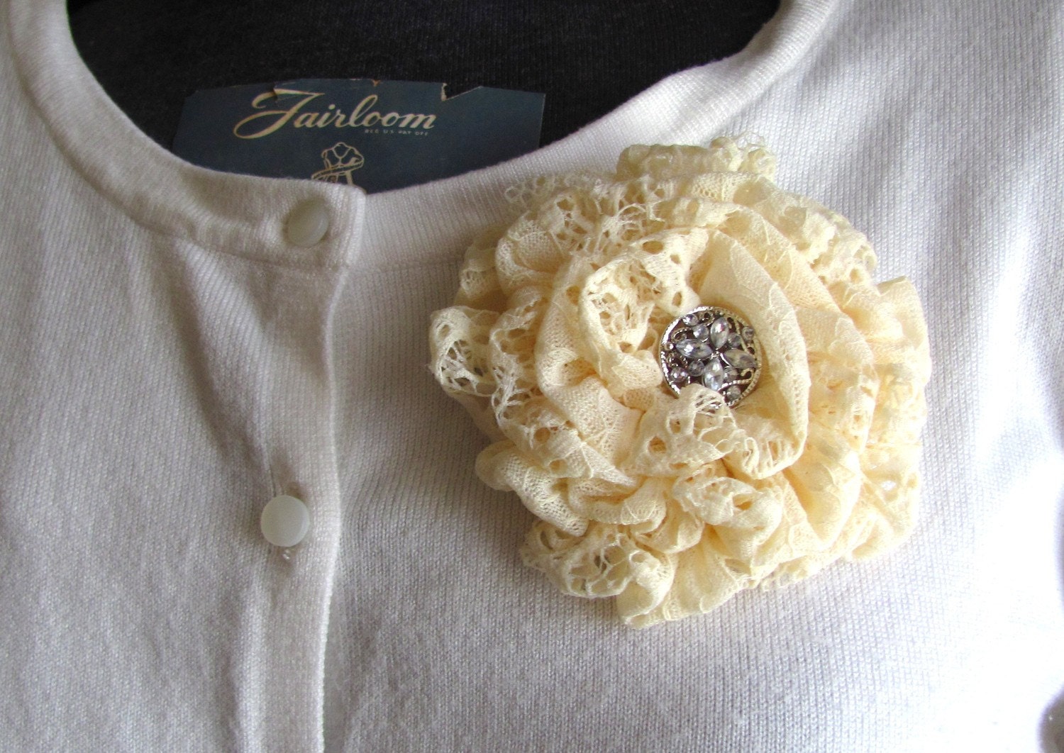 Antique Cream Lace Flower Brooch.. Hair Clip and Pin Combination