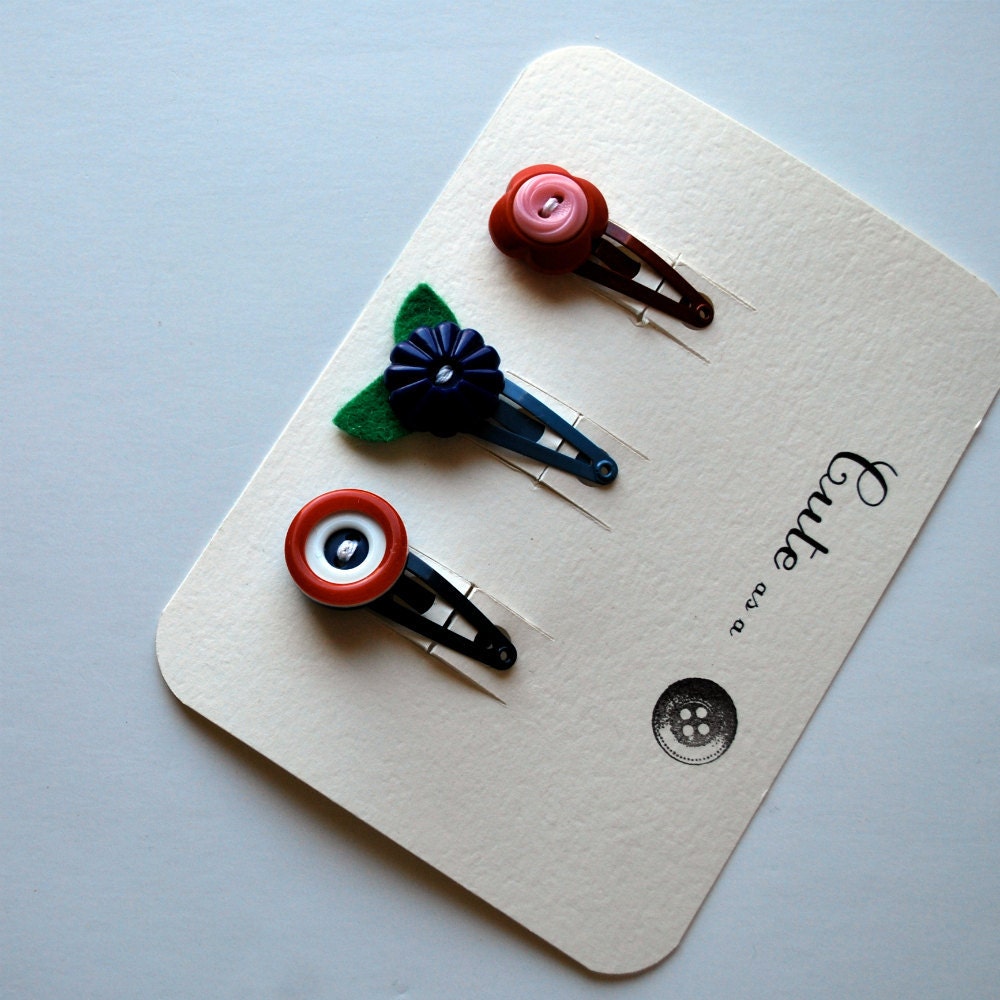 Cute as  Button Barrette Set--Vintage Button Barrettes