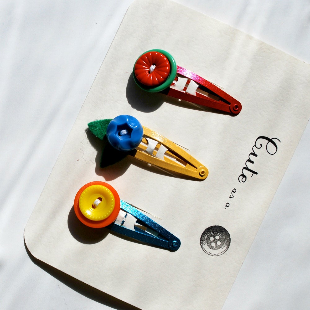 Cute as  Button Barrette Set--Vintage Button Barrettes