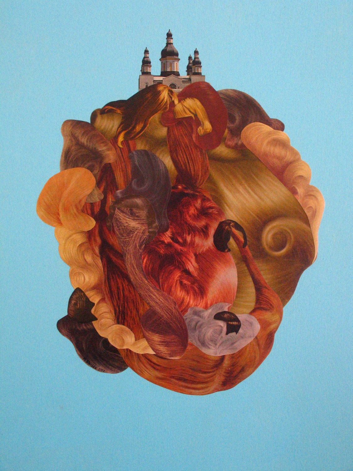 Collage and Painting on Wood-Hair Ball and Castle