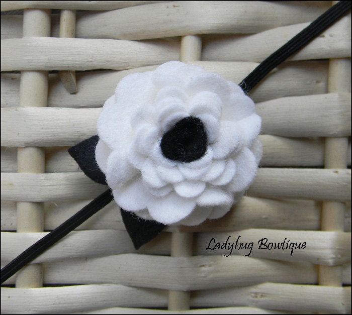 Wool Felt Flower Clip or Skinny Elastic Headband - White and Black