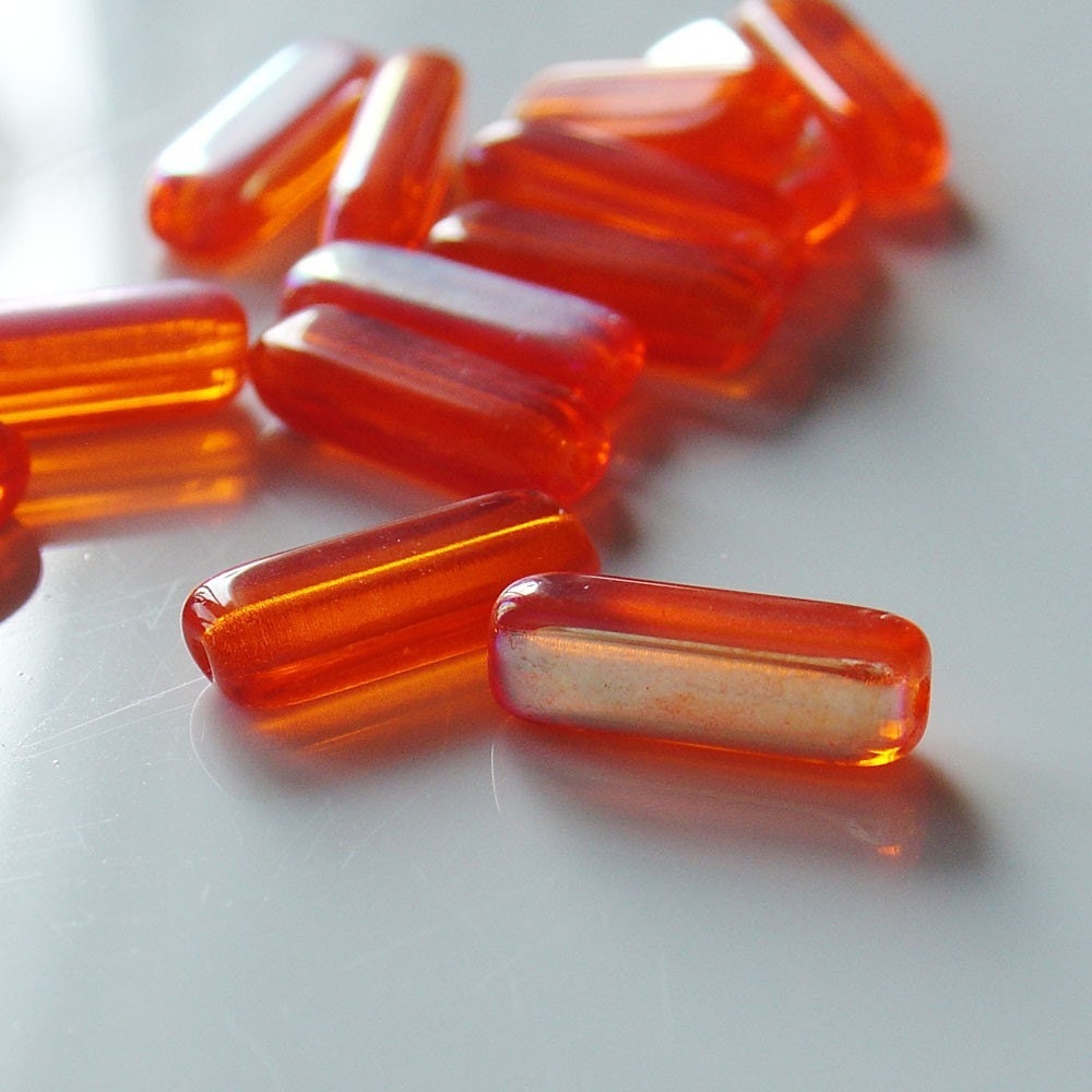 15mm Gutermann Premium Glass Cylinder Rectangular Shaped Beads -  Bright Orange - 7 Pieces - 3570