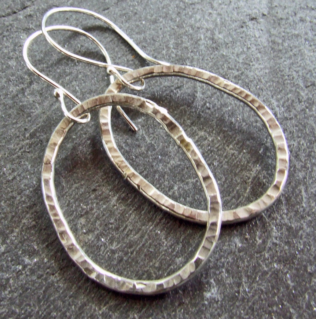 Large Modern Oblong Hammered Hoop Earrings Handmade in Sterling Silver - Textured Metal Artisan Jewelry